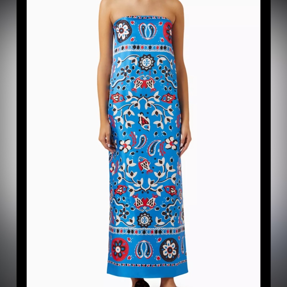 Tory Burch Blue and Red Strapless Dress
